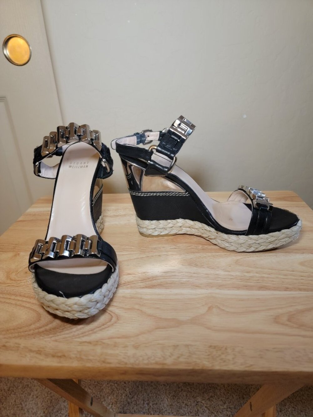 STUART WEITZMAN STEPCHAIN BLACK LEATHER WEDGE SANDALS WOMEN'S 8.5 Retail $435.00